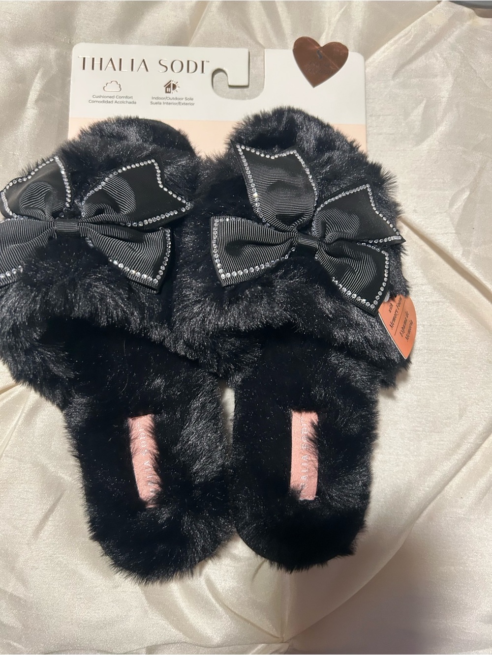 Thalia Sodi Black Faux Fur Bow Slide Slippers with Rhinestone Trim